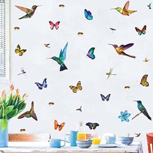 32Pcs Watercolor Butterfly and Hummingbird Stickers, Bee Dragonfly Flower Wall Decals, Self Adhesive Flying Bird Art Decor for Bedroom, Nursery, Kids Playroom