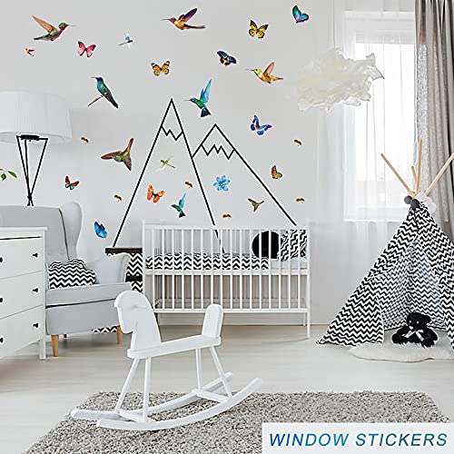 32Pcs Watercolor Butterfly and Hummingbird Stickers, Bee Dragonfly Flower Wall Decals, Self Adhesive Flying Bird Art Decor for Bedroom, Nursery, Kids Playroom