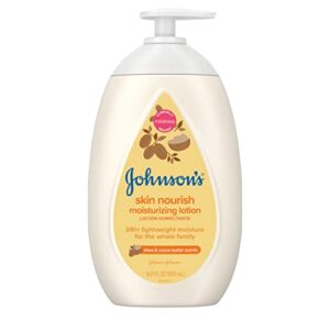 johnson's skin nourish moisturizing baby lotion for dry skin with shea & cocoa butter scents, gentle & lightweight body lotion for the whole family, hypoallergenic, dye-free, 16.9 fl. oz