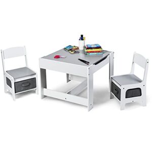 kotek kids wood table and 2 chairs set with blackboard & storage drawers, children multi activity table for learning, playing, drawing, 3-in-1 toddler art crafts desk and chairs set (gray & white)