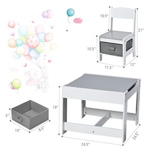 KOTEK Kids Wood Table and 2 Chairs Set with Blackboard & Storage Drawers, Children Multi Activity Table for Learning, Playing, Drawing, 3-in-1 Toddler Art Crafts Desk and Chairs Set (Gray & White)
