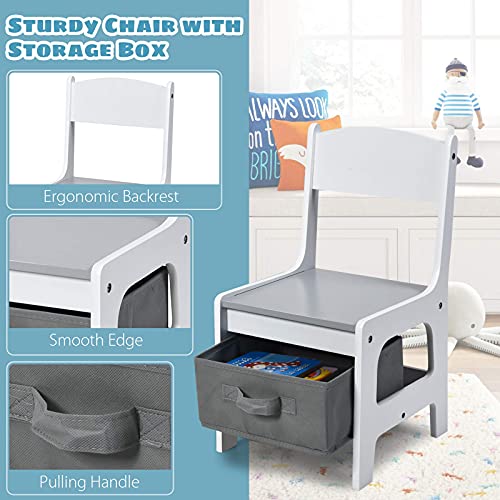 KOTEK Kids Wood Table and 2 Chairs Set with Blackboard & Storage Drawers, Children Multi Activity Table for Learning, Playing, Drawing, 3-in-1 Toddler Art Crafts Desk and Chairs Set (Gray & White)