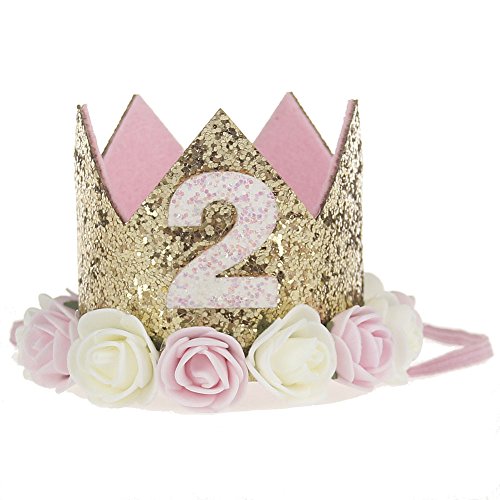 2nd Baby Birthday Crown Flower Tiara Headband 2 Year Old Birthday Party Hat Hairbands Princess Photo Props Birthday Decorations Baby Photography Gifts