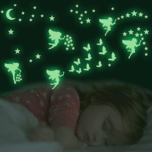 Glow in The Dark Fairy Wall Decals, Luminous Fairies Wall Stickers Bedroom Ceiling Decoration, Butterfly and Star Room Decor for Girls Kids Princess