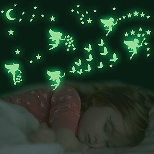 Glow in The Dark Fairy Wall Decals, Luminous Fairies Wall Stickers Bedroom Ceiling Decoration, Butterfly and Star Room Decor for Girls Kids Princess