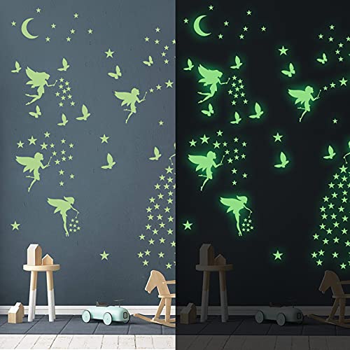 Glow in The Dark Fairy Wall Decals, Luminous Fairies Wall Stickers Bedroom Ceiling Decoration, Butterfly and Star Room Decor for Girls Kids Princess