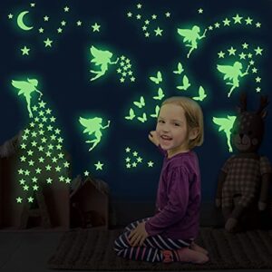 Glow in The Dark Fairy Wall Decals, Luminous Fairies Wall Stickers Bedroom Ceiling Decoration, Butterfly and Star Room Decor for Girls Kids Princess