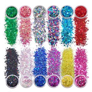 12 Pack - Multi-Colored Face & Body Glitter - Glue Included - Rainbow Chunky Glitter - Uses Include: Festival Rave Makeup Face Body Nails Resin Arts & Crafts, Resin, Tumblers, Bath Bombs