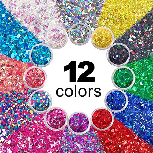 12 Pack - Multi-Colored Face & Body Glitter - Glue Included - Rainbow Chunky Glitter - Uses Include: Festival Rave Makeup Face Body Nails Resin Arts & Crafts, Resin, Tumblers, Bath Bombs