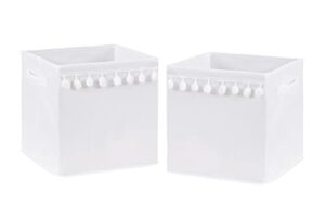 sweet jojo designs white foldable fabric storage cube bins boxes organizer toys kids baby childrens - set of 2 - gender neutral solid color bohemian southwest tribal pom pom for llama collection