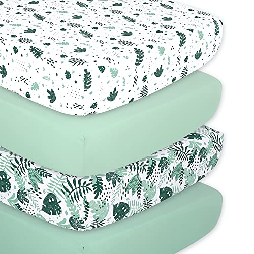 The Peanutshell Botanical Fitted Crib Sheet Set for Baby Boys or Girls, Unisex 4 Pack, Botanical Leaf & Pastel Green