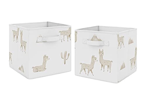 Sweet Jojo Designs Boho Llama Foldable Fabric Storage Cube Bins Boxes Organizer Toys Kid Baby Children - Set of 2 Gender Neutral Beige Taupe Tan Bohemian Southwest Watercolor Mountain Cactus Farmhouse