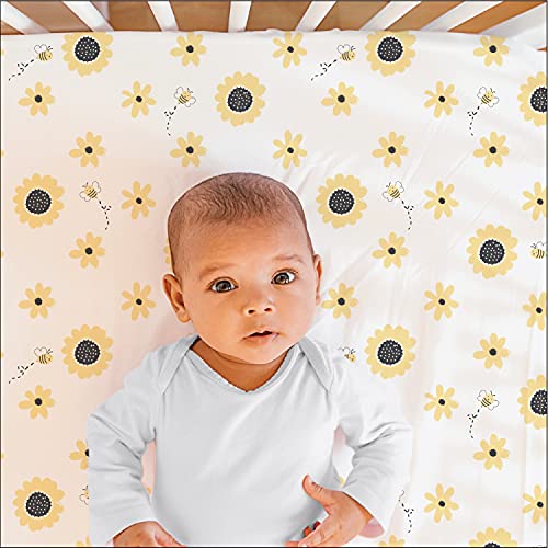 The Peanutshell Sunflower & Bee Fitted Crib Sheet Set for Boys or Girls, Unisex 4 Pack, Yellow & Black Floral