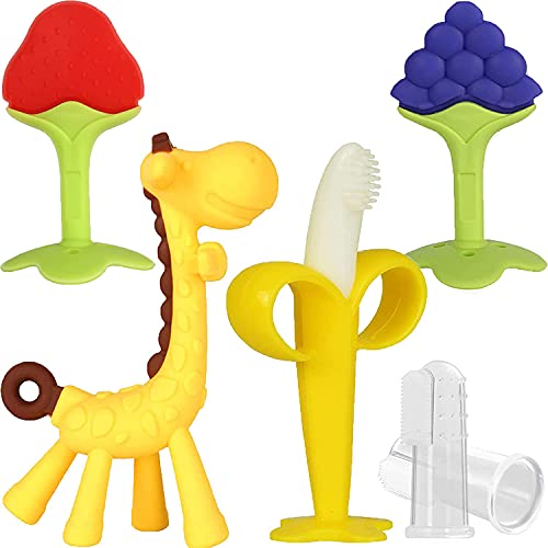 HAILI XMGQ Baby Teething Toys, Baby Teether Chew Toys Safe BPA Free Freezer Teether for Babies Silicone Banana Toothbrushes Fruit Giraffe Teethers