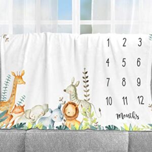 Popfavors, Yuzioey Safari Baby Monthly Milestone Blanket, Jungle Animals Baby Month Blanket , Baby Boy Blanket Growth Chart Nursery Decor, Includes Marker, White, 50Inx40In