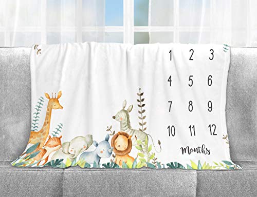 Popfavors, Yuzioey Safari Baby Monthly Milestone Blanket, Jungle Animals Baby Month Blanket , Baby Boy Blanket Growth Chart Nursery Decor, Includes Marker, White, 50Inx40In