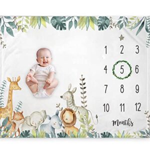 Popfavors, Yuzioey Safari Baby Monthly Milestone Blanket, Jungle Animals Baby Month Blanket , Baby Boy Blanket Growth Chart Nursery Decor, Includes Marker, White, 50Inx40In