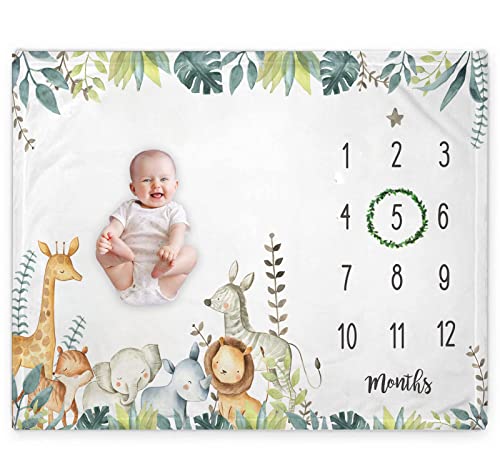 Popfavors, Yuzioey Safari Baby Monthly Milestone Blanket, Jungle Animals Baby Month Blanket , Baby Boy Blanket Growth Chart Nursery Decor, Includes Marker, White, 50Inx40In