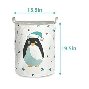 Beautyflier Large Sized Storage Laundry Basket, Canvas Fabric Collapsible Organizer Basket with Waterproof Lining Coating for Kids Baby Boys and Girls, Bedroom, Clothes, Toys (Penguin, 50x40CM)