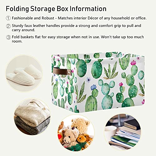 Rectangular Storage Bin Cube Cactus Succulent Floral Foldable Organizer Basket with Handles, Tropical Leaves Flower Collapsible Storage Box for Kids Toy Shelf Closet Nursery