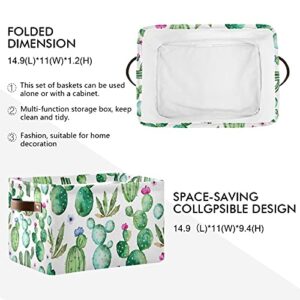 Rectangular Storage Bin Cube Cactus Succulent Floral Foldable Organizer Basket with Handles, Tropical Leaves Flower Collapsible Storage Box for Kids Toy Shelf Closet Nursery