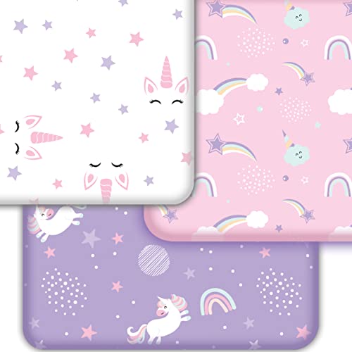 GROW WILD Crib Sheets Girl 3 Pack | Soft & Stretchy Jersey Cotton Fitted Crib Sheet Unicorn, White Pink Purple Baby Crib Sheets for Girl, Crib Mattress Sheet or Toddler Bed Sheets, Unicorn baby sheets