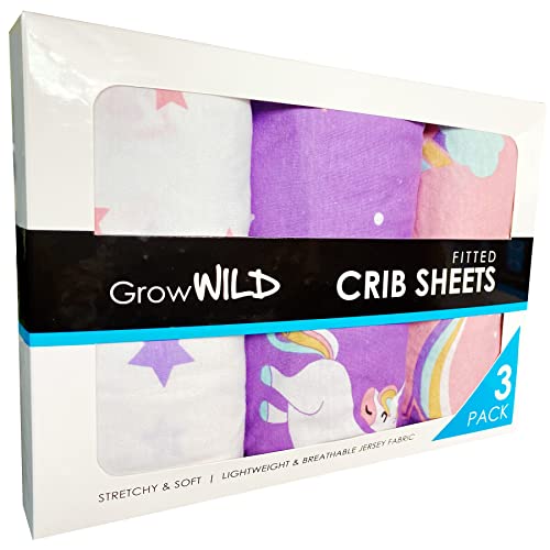 GROW WILD Crib Sheets Girl 3 Pack | Soft & Stretchy Jersey Cotton Fitted Crib Sheet Unicorn, White Pink Purple Baby Crib Sheets for Girl, Crib Mattress Sheet or Toddler Bed Sheets, Unicorn baby sheets