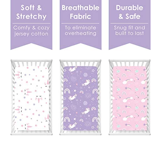 GROW WILD Crib Sheets Girl 3 Pack | Soft & Stretchy Jersey Cotton Fitted Crib Sheet Unicorn, White Pink Purple Baby Crib Sheets for Girl, Crib Mattress Sheet or Toddler Bed Sheets, Unicorn baby sheets