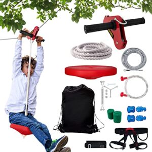 vevor zip line kits for backyard 110ft, zip lines for kid and adult, included swing seat, zip lines brake, and steel trolley, outdoor playground equipment red