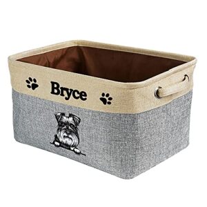 malihong personalized foldable storage basket with cute dog schnauzer collapsible sturdy fabric pet toys storage bin cube with handles for organizing shelf home closet, grey and white