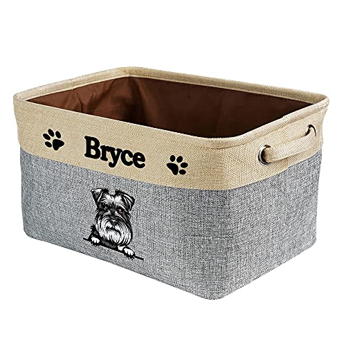 MALIHONG Personalized Foldable Storage Basket with Cute Dog Schnauzer Collapsible Sturdy Fabric Pet Toys Storage Bin Cube with Handles for Organizing Shelf Home Closet, Grey and White