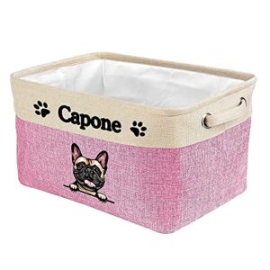 malihong personalized foldable storage basket with cute dog french bulldog collapsible sturdy fabric pet toys storage bin cube with handles for organizing shelf home closet, pink and white