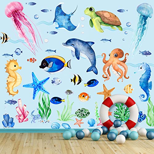 4 Sheets Ocean Fish Wall Decals Stickers Under The Sea Wall Decal Stickers Removable Sea Life Marine Animal Sticker Underwater Ocean Creatures Wall Decor for Kids Girls Boy Nursery Bedroom Bathroom