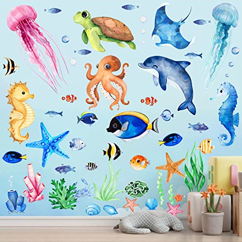 4 Sheets Ocean Fish Wall Decals Stickers Under The Sea Wall Decal Stickers Removable Sea Life Marine Animal Sticker Underwater Ocean Creatures Wall Decor for Kids Girls Boy Nursery Bedroom Bathroom