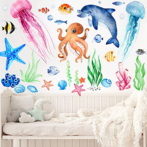 4 Sheets Ocean Fish Wall Decals Stickers Under The Sea Wall Decal Stickers Removable Sea Life Marine Animal Sticker Underwater Ocean Creatures Wall Decor for Kids Girls Boy Nursery Bedroom Bathroom