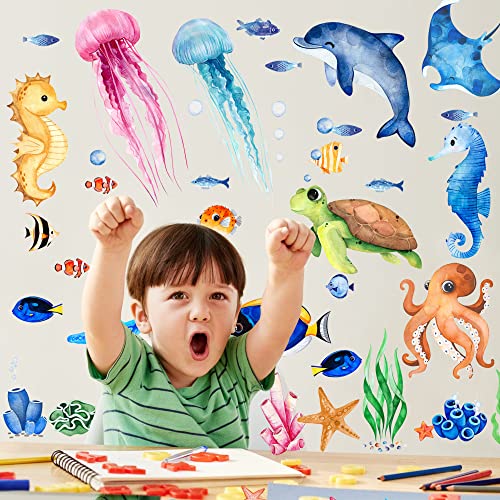 4 Sheets Ocean Fish Wall Decals Stickers Under The Sea Wall Decal Stickers Removable Sea Life Marine Animal Sticker Underwater Ocean Creatures Wall Decor for Kids Girls Boy Nursery Bedroom Bathroom