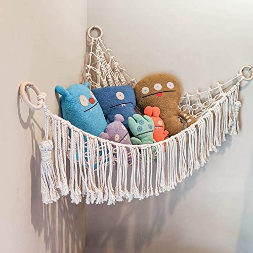 CHUWUJU Stuffed Animal Storage Hammock,Hanging Macrame Boho Tassels Hammock Net Toy Organizer Net Holder for Nursery Kids Bedroom,Perfect Home Decor