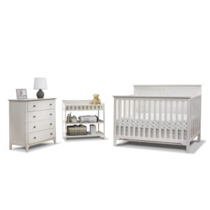 sorelle furniture farmhouse 3-piece nursery set with 4-in-1 convertible crib, 4-drawer dresser, and changing table with shelves, baby furniture made of wood, non-toxic finish-weathered white