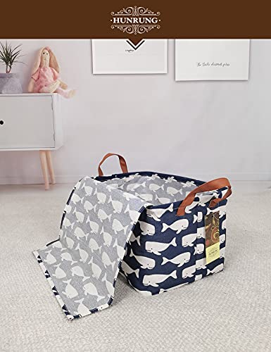 HUNRUNG Storage Boxes with Lids Rectangle/Square Storage Bins，Storage Basket Cute Canvas Organizer Bin for Pet/Children Toys, Books, Clothes Perfect for Rooms（Rec-Blue Whale-with lid）