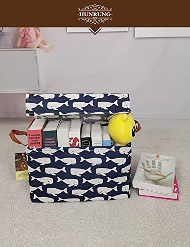 HUNRUNG Storage Boxes with Lids Rectangle/Square Storage Bins，Storage Basket Cute Canvas Organizer Bin for Pet/Children Toys, Books, Clothes Perfect for Rooms（Rec-Blue Whale-with lid）