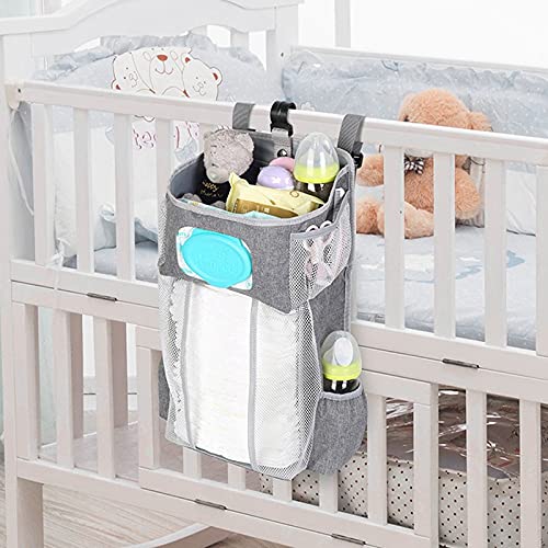 WSNM Hanging Diaper Organizer,Baby Bed Hanging Organizer,Nursery Organization Baby Diaper Holder, Diaper Stacker Storage for Crib, Playard, Changing Table or Wall with 2 Buckle straps (Gray)