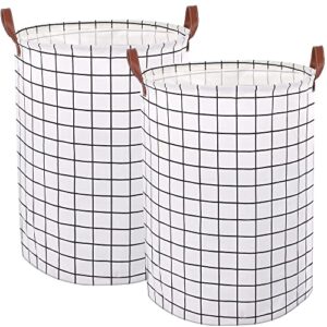 [2 pack] collapsible laundry basket, large round waterproof laundry hamper, foldable storage organizer with leather handles for dirty clothes (white plaid)