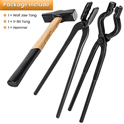 Blacksmith Tongs+Hammer Set Knife Making Tongs Wolf Jaw V-Bit Tongs Starter Beginner Bladesmith Metalworking Forge Anvil Vise Tool 0000811-1000 (3 PCS)