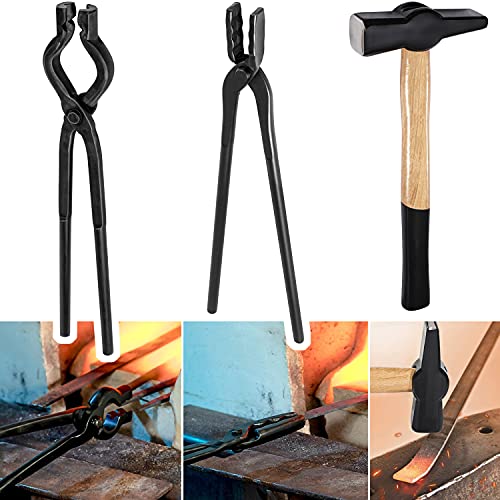 Blacksmith Tongs+Hammer Set Knife Making Tongs Wolf Jaw V-Bit Tongs Starter Beginner Bladesmith Metalworking Forge Anvil Vise Tool 0000811-1000 (3 PCS)