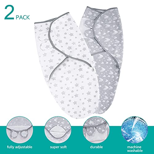 Biloban Baby Swaddles 0-3 Months for Boy Girls, Baby Swaddle, Newborn Swaddle, Cotton Adjustable Swaddle Blanket, Lovely Grey Print, 2 Pack