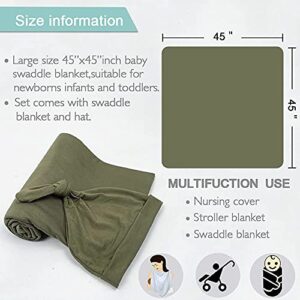 OWLOWLA Swaddle Blanket and Hat Set Newborn Swaddle Wrap Baby Receiving Blanket for Baby Boys Girls(Olive)