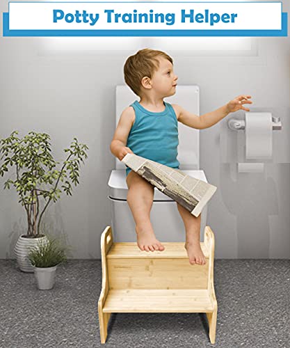 Garbuildman 2 Step Stool for Kids, Bamboo Toddler Stepping Stool with Handles for Children, Detachable Small Bathroom Toilet Potty Training & Kitchen Kid’s Learning Step Stool