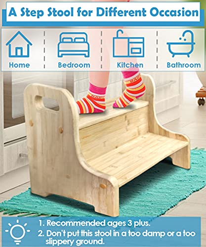 Garbuildman 2 Step Stool for Kids, Bamboo Toddler Stepping Stool with Handles for Children, Detachable Small Bathroom Toilet Potty Training & Kitchen Kid’s Learning Step Stool