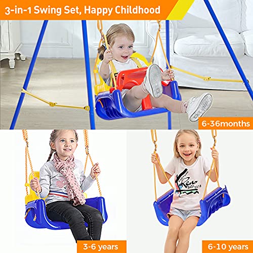 FUNLIO 3-in-1 Swing Set for Toddler with 4 Sandbags, Heavy-Duty Kid Swing Set for Backyard, Baby Swing Indoor/Outdoor Play, Folding Metal Stand & Clear Instruction, Easy to Assemble & Store