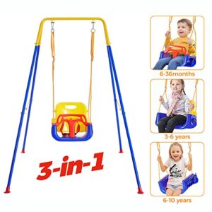 FUNLIO 3-in-1 Swing Set for Toddler with 4 Sandbags, Heavy-Duty Kid Swing Set for Backyard, Baby Swing Indoor/Outdoor Play, Folding Metal Stand & Clear Instruction, Easy to Assemble & Store